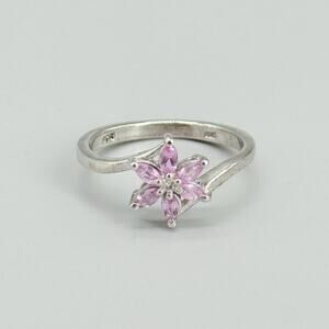 Vintage STS 925 Sterling Silver Pink Marquise Stone Flower Ring Size 8